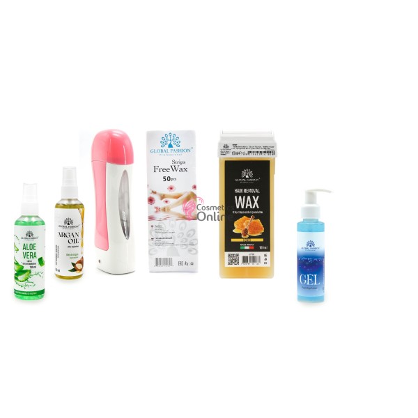 Kit pentru epilat GF 3-1, cu incalzitor roz, 50 benzi epilat, 1 cartus ceara cu miere, 3 lotiuni, art 23404